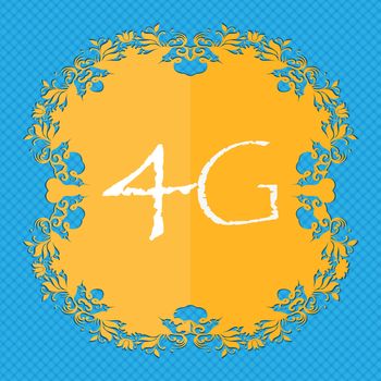 4G sign icon. Mobile telecommunications technology symbol. Floral flat design on a blue abstract background with place for your text. illustration