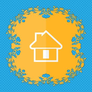 House. Floral flat design on a blue abstract background with place for your text. illustration