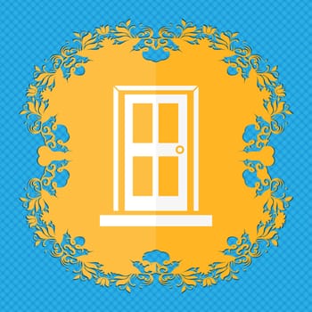 Door icon sign. Floral flat design on a blue abstract background with place for your text. illustration