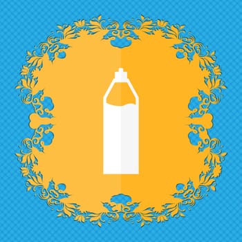 Plastic bottle with drink icon sign. Floral flat design on a blue abstract background with place for your text. illustration