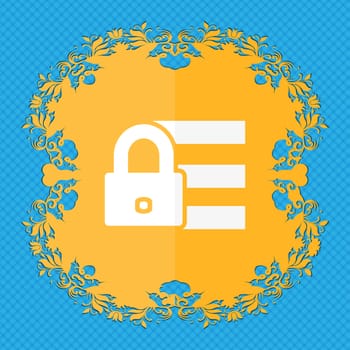 Lock, login icon sign. Floral flat design on a blue abstract background with place for your text. illustration