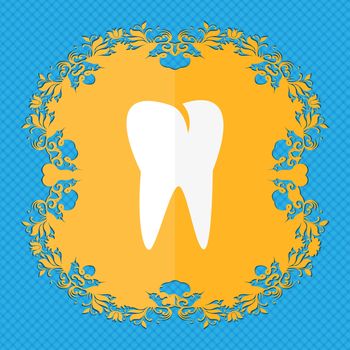 tooth icon. Floral flat design on a blue abstract background with place for your text. illustration