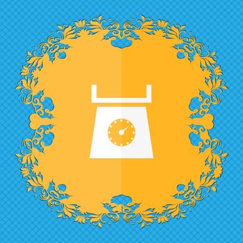 kitchen scales icon sign. Floral flat design on a blue abstract background with place for your text. illustration