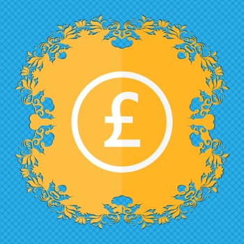 Pound sterling icon sign. Floral flat design on a blue abstract background with place for your text. illustration