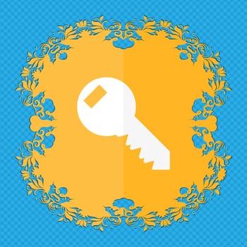 Key sign icon. Unlock tool symbol.. Floral flat design on a blue abstract background with place for your text. illustration