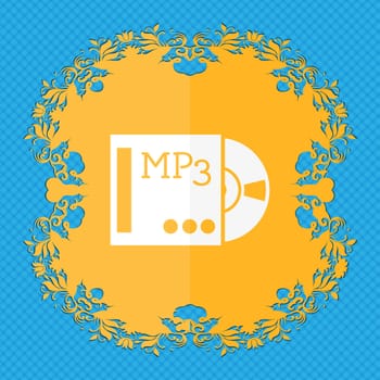 mp3 player icon sign. Floral flat design on a blue abstract background with place for your text. illustration