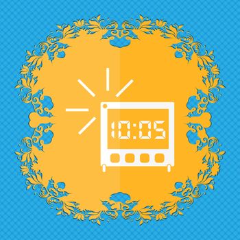 digital Alarm Clock icon sign. Floral flat design on a blue abstract background with place for your text. illustration