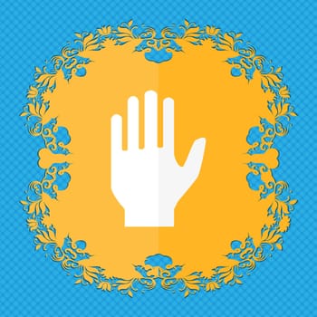 Hand print sign icon. Stop symbol. Floral flat design on a blue abstract background with place for your text. illustration