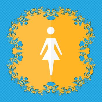 Female sign icon. Woman human symbol. Women toilet. Floral flat design on a blue abstract background with place for your text. illustration