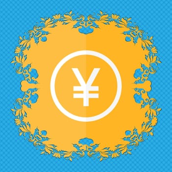 Japanese Yuan icon sign. Floral flat design on a blue abstract background with place for your text. illustration