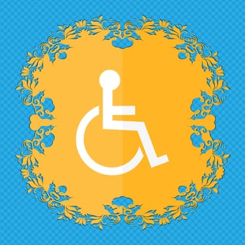 Disabled sign icon. Human on wheelchair symbol. Handicapped invalid sign. Floral flat design on a blue abstract background with place for your text. illustration