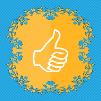 Like sign icon. Thumb up sign. Hand finger up. Floral flat design on a blue abstract background with place for your text. illustration