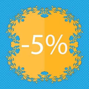 5 percent discount sign icon. Sale symbol. Special offer label. Floral flat design on a blue abstract background with place for your text. illustration