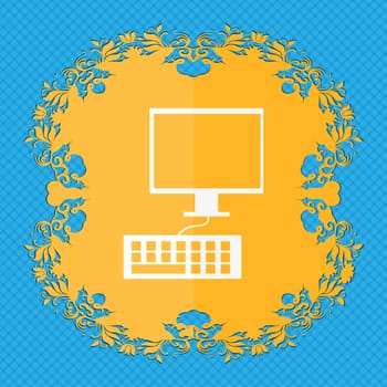 Computer monitor and keyboard Icon. Floral flat design on a blue abstract background with place for your text. illustration