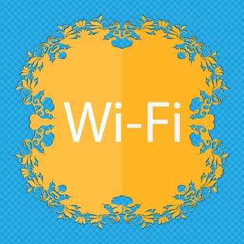 Free wifi sign. Wi-fi symbol. Wireless Network icon. Floral flat design on a blue abstract background with place for your text. illustration