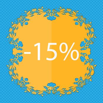 15 percent discount sign icon. Sale symbol. Special offer label. Floral flat design on a blue abstract background with place for your text. illustration