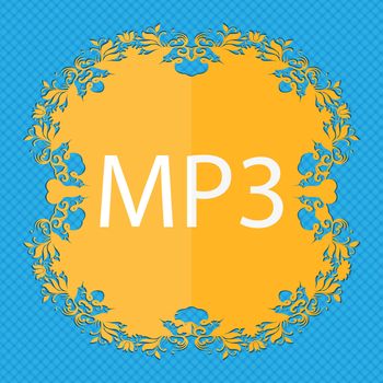 Mp3 music format sign icon. Musical symbol. Floral flat design on a blue abstract background with place for your text. illustration