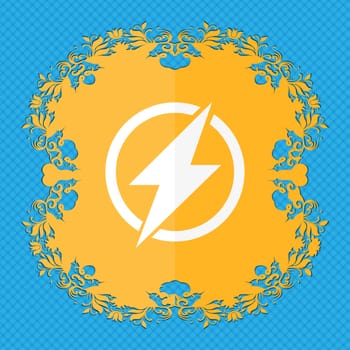 Photo flash sign icon. Lightning symbol. Floral flat design on a blue abstract background with place for your text. illustration