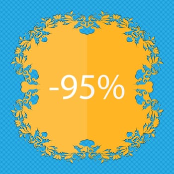 95 percent discount sign icon. Sale symbol. Special offer label. Floral flat design on a blue abstract background with place for your text. illustration