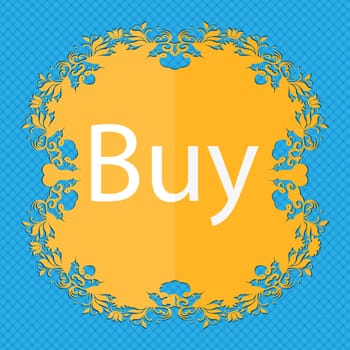 Buy sign icon. Online buying dollar usd button. Floral flat design on a blue abstract background with place for your text. illustration