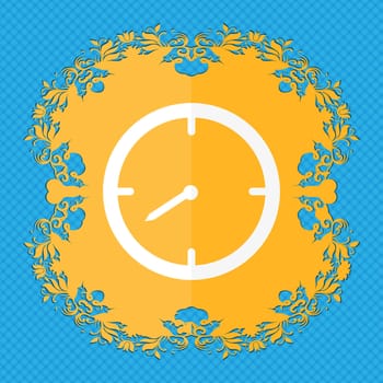 Timer sign icon. Stopwatch symbol.. Floral flat design on a blue abstract background with place for your text. illustration