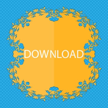 Download icon. Upload button. Load symbol. Floral flat design on a blue abstract background with place for your text. illustration