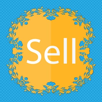 Sell sign icon. Contributor earnings button. Floral flat design on a blue abstract background with place for your text. illustration