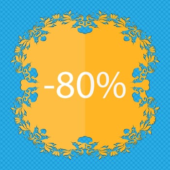 80 percent discount sign icon. Sale symbol. Special offer label. Floral flat design on a blue abstract background with place for your text. illustration