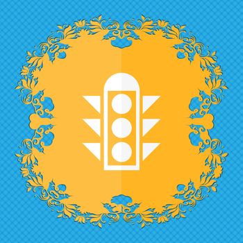 Traffic light signal icon sign. Floral flat design on a blue abstract background with place for your text. illustration