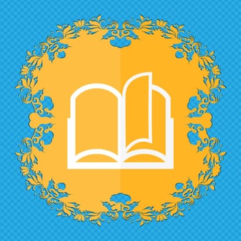 Book sign icon. Open book symbol. Floral flat design on a blue abstract background with place for your text. illustration