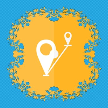 Map pointer icon sign. Floral flat design on a blue abstract background with place for your text. illustration