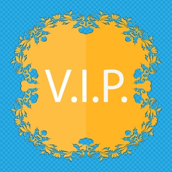 Vip sign icon. Membership symbol. Very important person. Floral flat design on a blue abstract background with place for your text. illustration