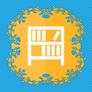 Bookshelf icon sign. Floral flat design on a blue abstract background with place for your text. illustration