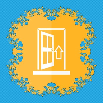 Door, Enter or exit icon sign. Floral flat design on a blue abstract background with place for your text. illustration