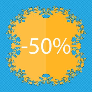 50 percent discount sign icon. Sale symbol. Special offer label. Floral flat design on a blue abstract background with place for your text. illustration