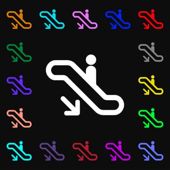 elevator, Escalator, Staircase icon sign. Lots of colorful symbols for your design. illustration
