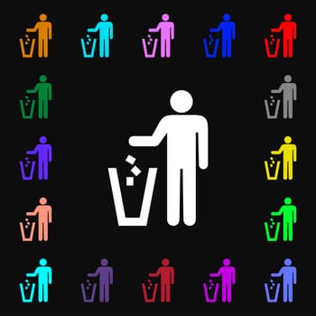 throw away the trash icon sign. Lots of colorful symbols for your design. illustration