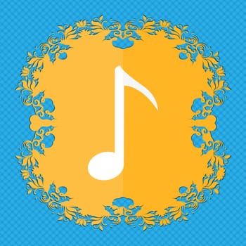 Music note icon sign. Floral flat design on a blue abstract background with place for your text. illustration