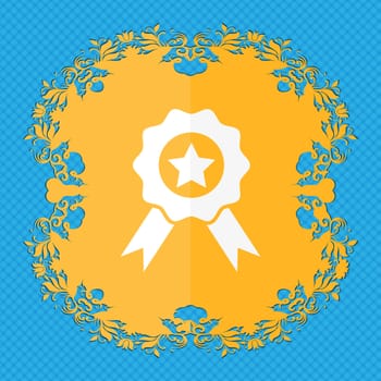 Award, Medal of Honor icon sign. Floral flat design on a blue abstract background with place for your text. illustration