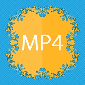 Mpeg4 video format sign icon. symbol. Floral flat design on a blue abstract background with place for your text. illustration