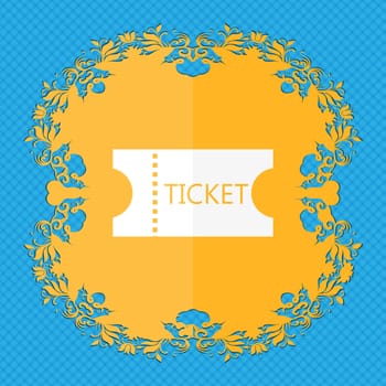 ticket icon sign. Floral flat design on a blue abstract background with place for your text. illustration