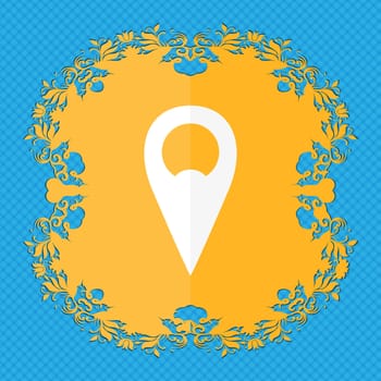 Map pointer icon sign. Floral flat design on a blue abstract background with place for your text. illustration