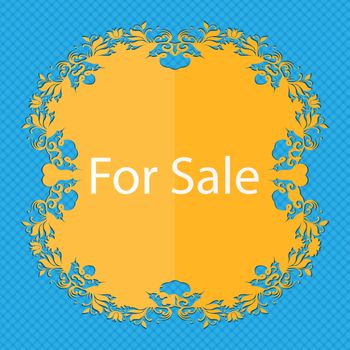 For sale sign icon. Real estate selling. Floral flat design on a blue abstract background with place for your text. illustration