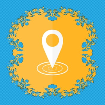 Map pointer icon sign. Floral flat design on a blue abstract background with place for your text. illustration