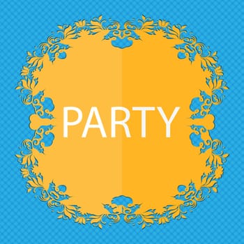 Party sign icon. Birthday air balloon with rope or ribbon symbol. Floral flat design on a blue abstract background with place for your text. illustration
