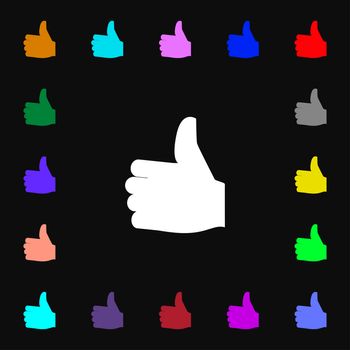Like, Thumb up icon sign. Lots of colorful symbols for your design. illustration