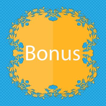 Bonus sign icon. Special offer label. Floral flat design on a blue abstract background with place for your text. illustration