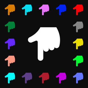 pointing hand icon sign. Lots of colorful symbols for your design. illustration
