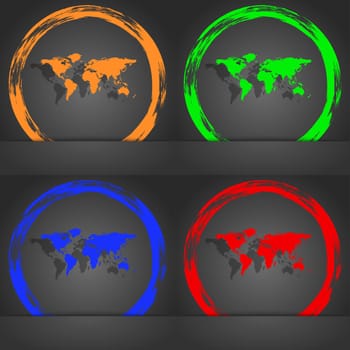 Globe sign icon. World map geography symbol. Fashionable modern style. In the orange, green, blue, red design. illustration