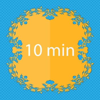 10 minutes sign icon. Floral flat design on a blue abstract background with place for your text. illustration